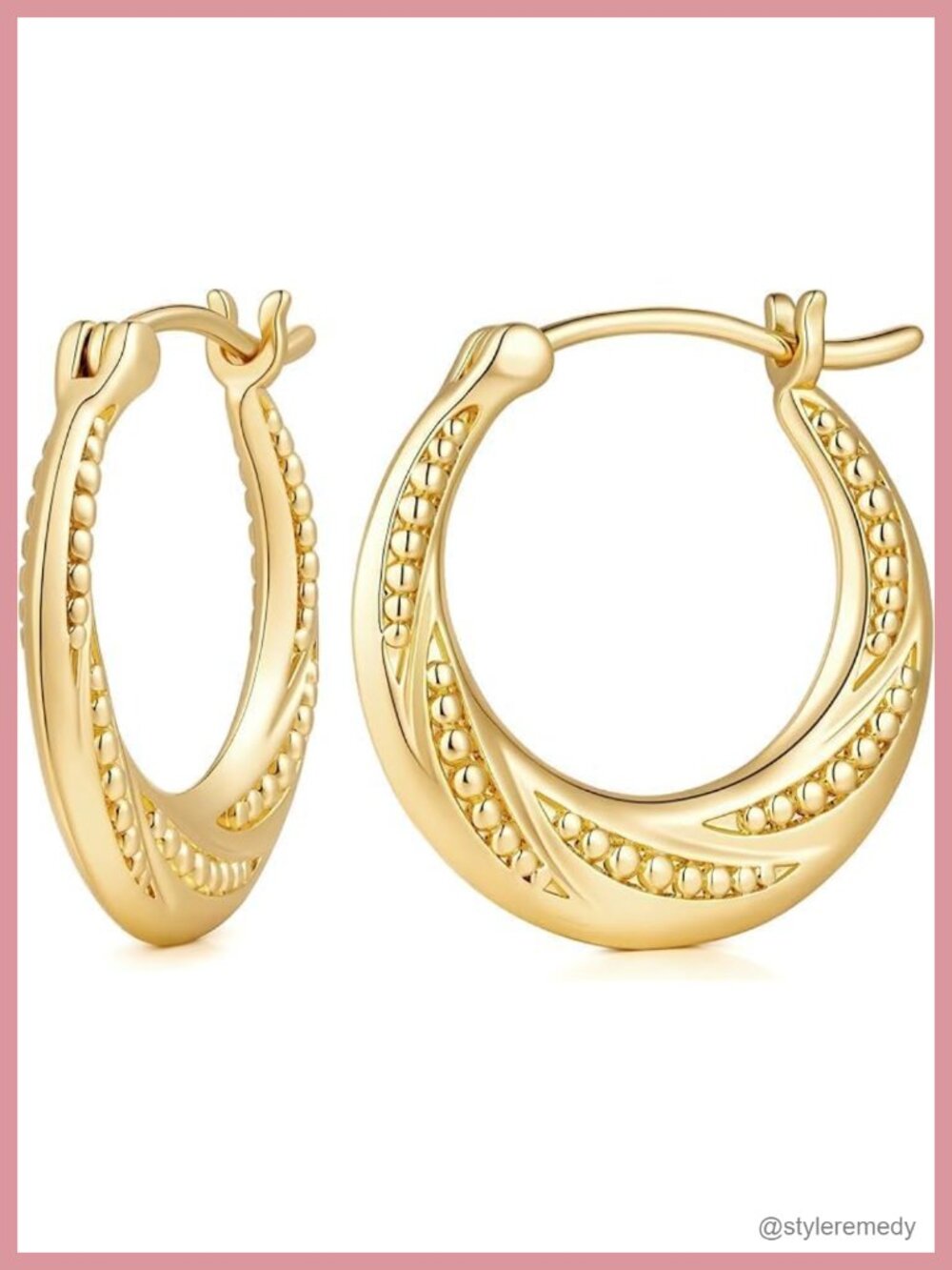 14K Gold Plated Hoop Earrings Textured Bead Accents Hinged Closure